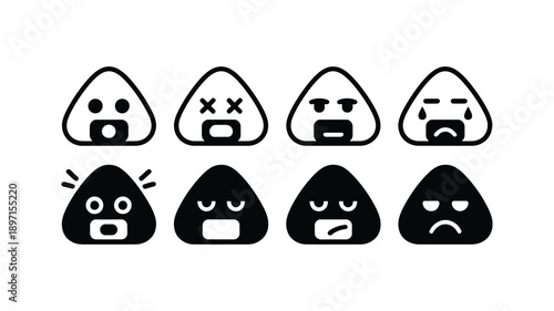 Cute Japanese onigiri icon set showing multiple emotions, happy sad surprised faces, available in outline and solid black vector styles