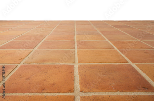 Rustic Orange Clay Tile Ground Surface highlights detailed terracotta ceramic texture with thick grout lines for vintage outdoor path or traditional home flooring.