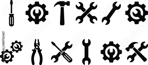 Tools Icons Set Screwdriver Wrench Hammer Pliers Gear Maintenance Repair Service Black Silhouette Vector Isolated Collection Pack