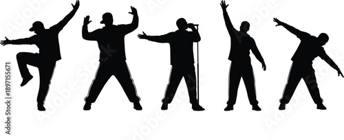 Black silhouette illustration of five dynamic human figures in dancing and performing poses with expressive gestures and microphone \