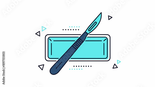 Diagonally positioned scalpel and rectangle graphic on white background for medical illustration