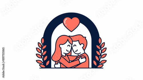 Hugging People Beneath a Red Heart Archway With Orange Foliage in a Warm Cartoon Scene