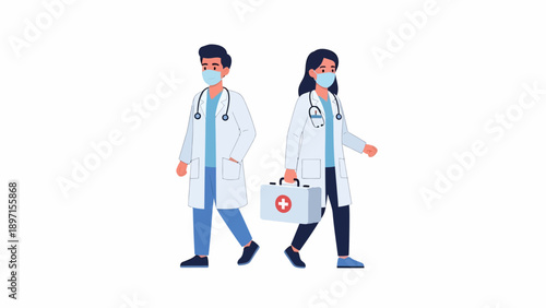 Cartoon Doctors Walking Side by Side with Masks and Stethoscopes in a White Studio Illustration