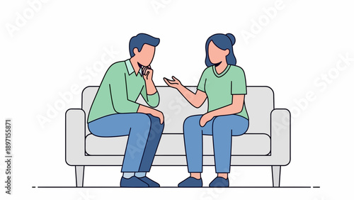 Man and woman seated on a gray couch engage in a lively conversation in a calm, modern cartoon illustration, viewed from a front angle