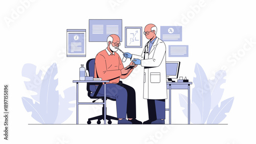 Doctor and Patient Consultation in a White Office with Blue Accents, Masks, and Green Leaves – Cartoon Illustration View