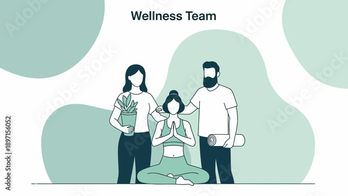 Line illustration of wellness team with plant and dumbbell, showing relaxed people in a light green environment