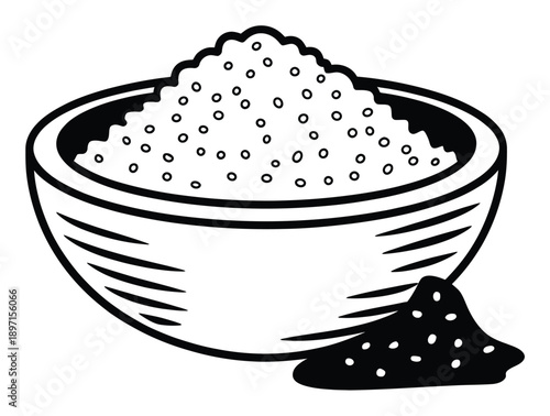 Black and White Illustration of a Bowl of Rice and a Pile of Rice