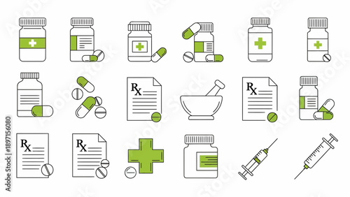 Arranged Medical Icons Show Pills, Cross, Mortar, Syringe, Prescription in a Clean Flat Layout