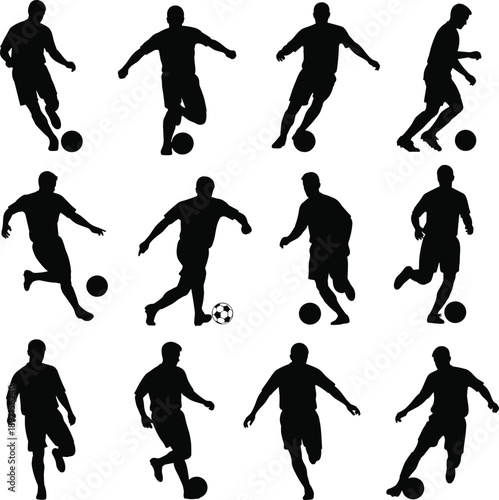 Silhouette vector set of football players in various running, dribbling and kicking poses for sports, logo and action designs,