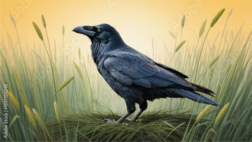 A digital illustration of a black raven standing in tall grass at sunrise. The bird has detailed feather textures, a glossy black beak, and a yellow eye (2)_traced