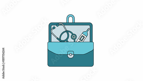 Open teal medical bag on desk reveals stethoscope, medicine bottle, clipboard amid cartoon illustration view