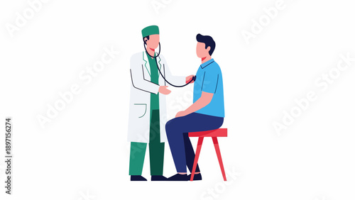 Cartoon doctor examines patient heartbeat with stethoscope in clinic illustration