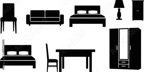 Black furniture silhouettes collection on white background