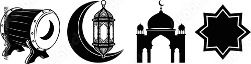 Black Islamic cultural icons drum lantern mosque crescent star