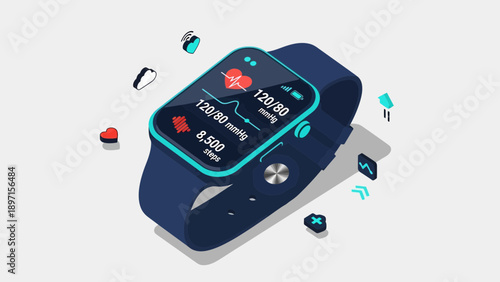 Smartwatch display with heart icon, step counter, and navigation button shown against a plain backdrop, viewed from an angled perspective