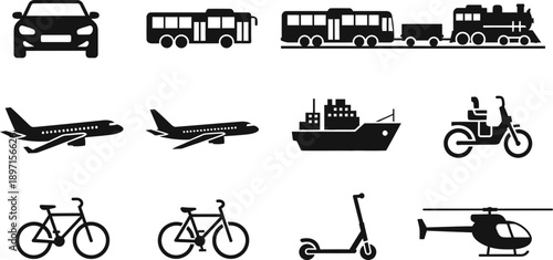 Black transportation icons set on white background