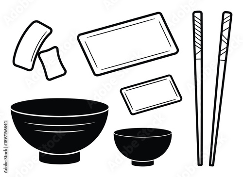 Black and White Illustration of Asian Food Utensils and Bowls