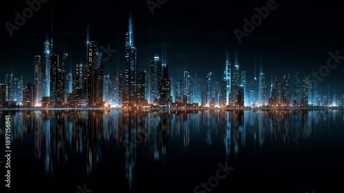 A futuristic city skyline at night showing glowing lines representing high-speed 5G network connectivity.
