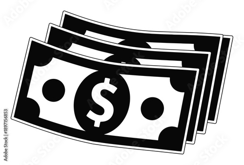 Black and White Illustration of Stacked Dollar Bills with Dollar Sign