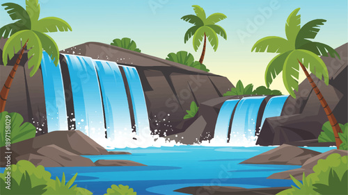 A digital illustration of a tropical waterfall scene with two cascading waterfalls of varying heights (1)_traced