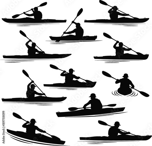 Kayaking sport silhouette vector set with canoe athletes paddling, outdoor adventure, water sports, dynamic action poses for logo and graphic design