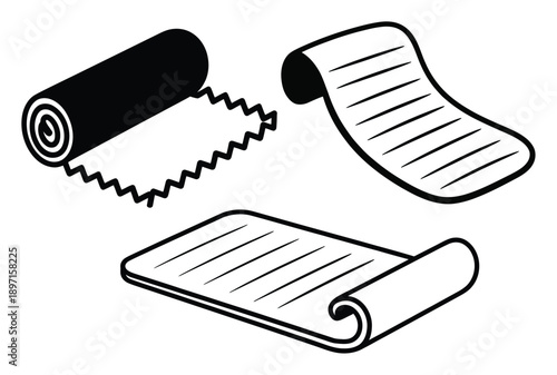 Black and White Illustration of Three Rolled Papers with Lines