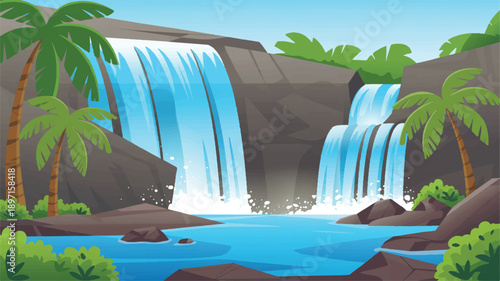 A digital illustration of a tropical waterfall scene with two cascading waterfalls of varying heights (2)_traced