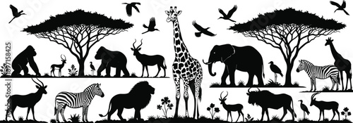 African wildlife silhouettes, savanna animals, gorilla, antelope, zebra, lion, giraffe, elephant, birds, acacia trees, biodiversity, nature illustration, ecosystem design, safari art