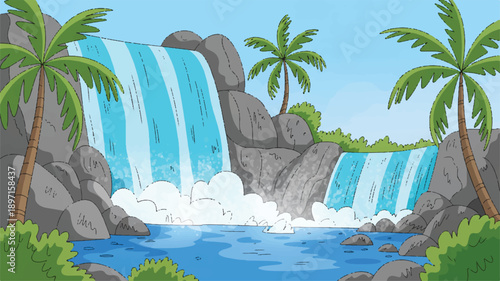 A digital illustration of a tropical waterfall scene with two cascading waterfalls of varying heights (3)_traced