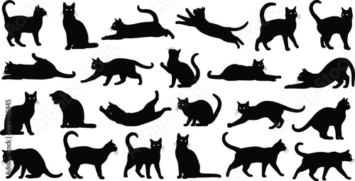 Black cat silhouettes collection set, different poses walking sitting jumping playing stretching isolated white background vector illustration animal design elements