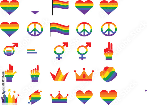 LGBTQ pride symbols vector set with rainbow hearts, flags, peace signs, gender icons and equality elements for diversity and inclusion designs