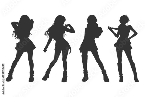 Bundle vector illustrations female dancer performing on stage. Silhouette korean pop women shown in dynamic poses and movements. Monochrome flat design korean idol representing contemporary dance.