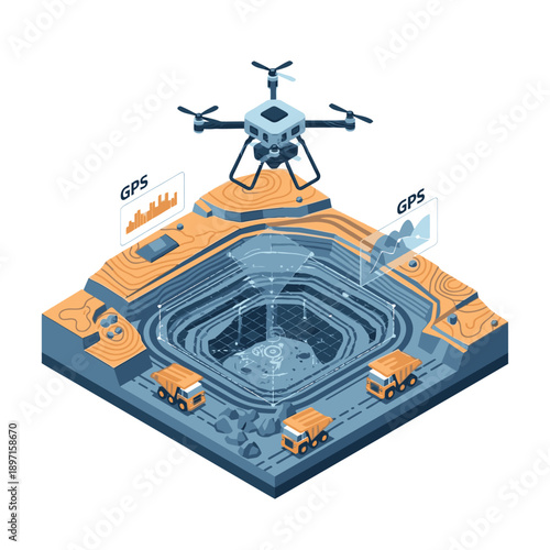 Isometric illustration of a drone monitoring an open-pit mine with dump trucks, focusing on ESG performance data visualization.