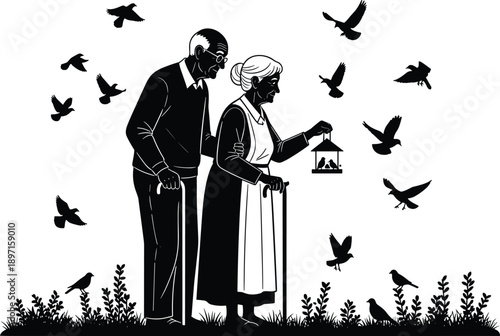 Elderly senior couple walking together with canes and bird feeder, minimalist black and white silhouette illustration for retirement and aging. (20 words)