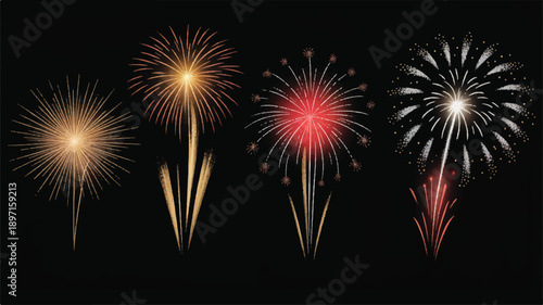 A digital illustration of four fireworks explosions arranged horizontally against a black background (1)_traced