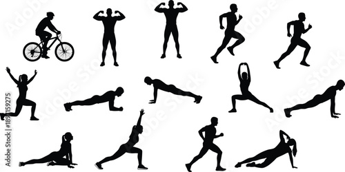 Fitness people silhouettes collection set, men women workout running cycling yoga exercise poses isolated white background vector illustration