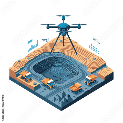 Isometric illustration of a drone monitoring an open-pit mine with dump trucks, focusing on ESG performance data visualization.