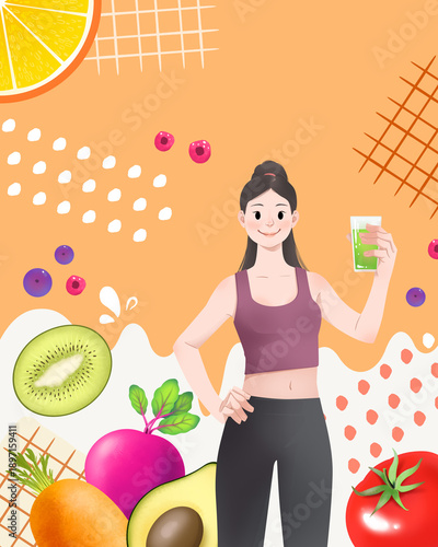 Healthy detox diet illustration with fruits and vegetables