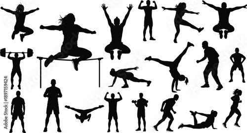 Fitness training silhouettes collection showing men women jumping running boxing yoga workout exercises isolated white background vector illustration set design