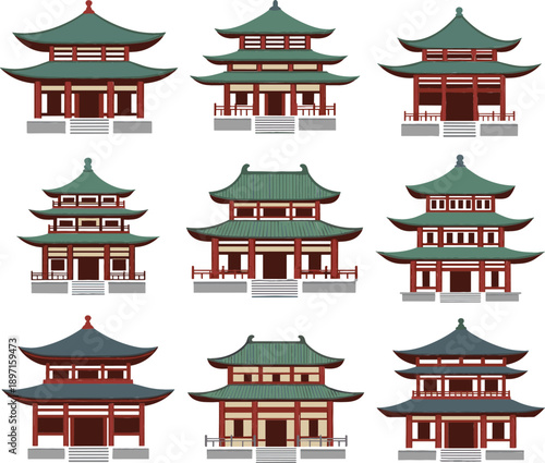 Conjunto vectorial de edificios de templos tradicionales asiáticos con templos históricos y reliquias culturales.