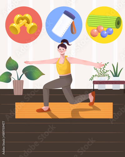 Home workout illustration with yoga exercise for diet