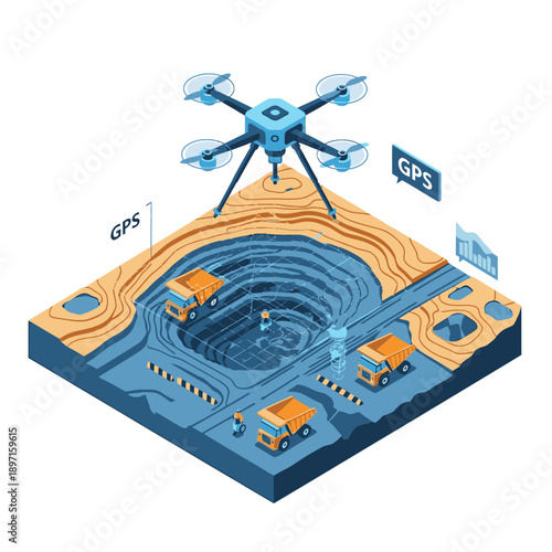 Isometric illustration of a drone monitoring an open-pit mine with dump trucks, focusing on ESG performance data visualization.