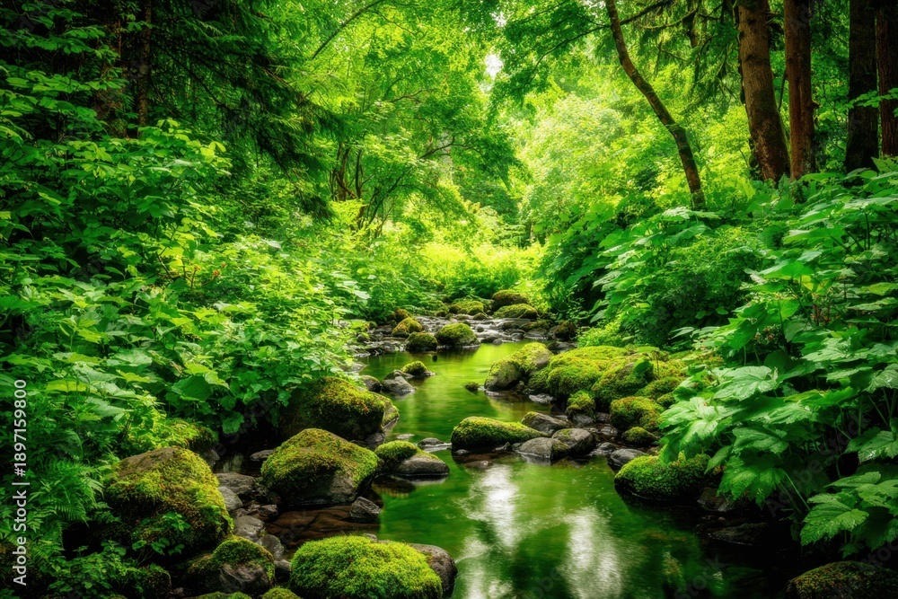 Obraz premium Tranquil Stream Flowing Through the Lush Forest