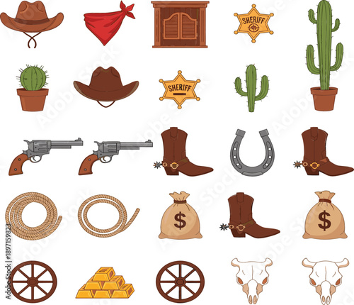 vaquero occidental con sombrero, cactus, insignia de sheriff, herradura, cuerda, revólver, símbolos del desierto y elementos del salvaje oeste