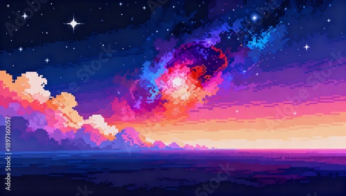 Wallpaper Mural 広がる銀河の地平線と星雲が美しいピクセルアート宇宙壁紙 Torontodigital.ca