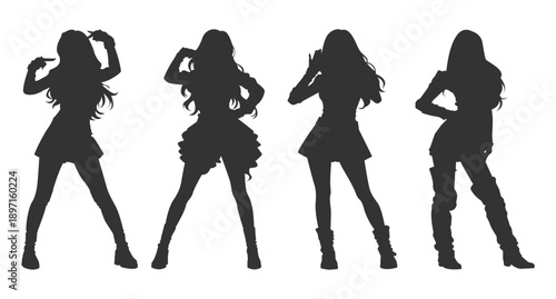 Vector illustrations quartet female dancer performing on stage. Silhouette korean pop women shown in dynamic poses and movements. Monochrome flat design korean idol representing contemporary dance.
