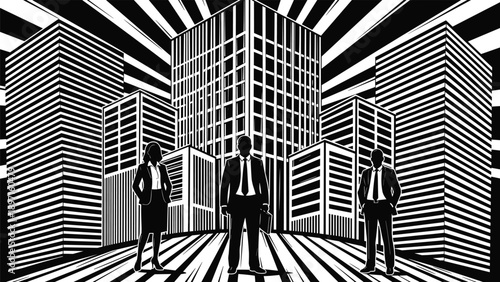 Silhouettes of professional business team standing in front of modern corporate skyscrapers, minimalist black and white urban office building illustration