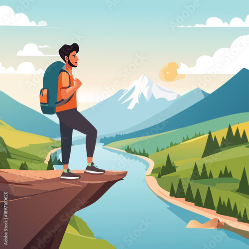 Male Traveler Standing on Cliff in Mountain Landscape Vector