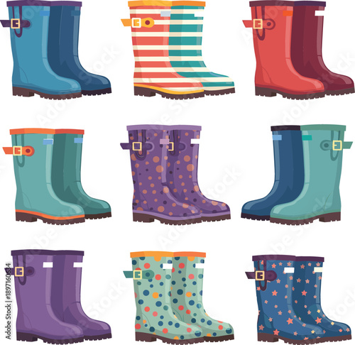 Colorful rubber rain boots flat vector illustration set featuring patterned waterproof footwear for kids, fashion, autumn weather and outdoor design concepts