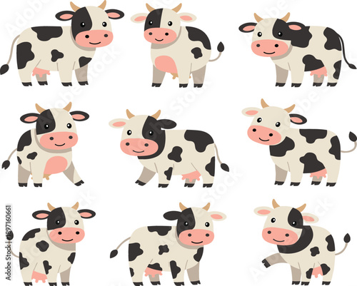 Cute cartoon cow character vector set with smiling dairy cows in different poses for farm, kids, agriculture and animals